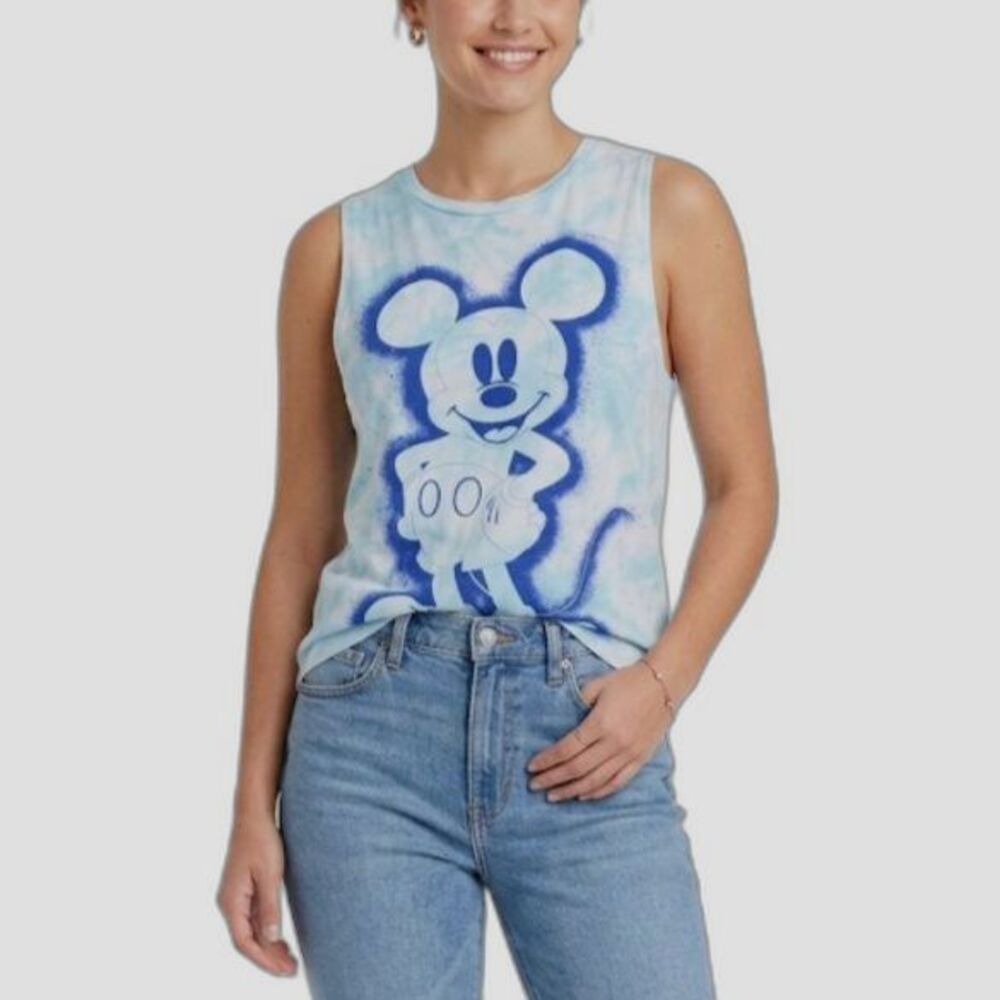 Disney Women's Mickey Mouse Blue White Tie-Dye Mickey Graphic Tank Top Size L